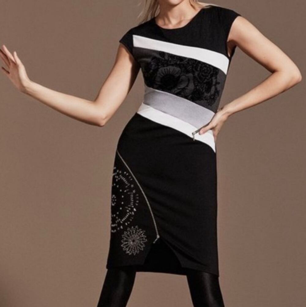 Desigual Candice Cap Sleeve Knit Sheath Dress Art To Wear Black Gray White Large